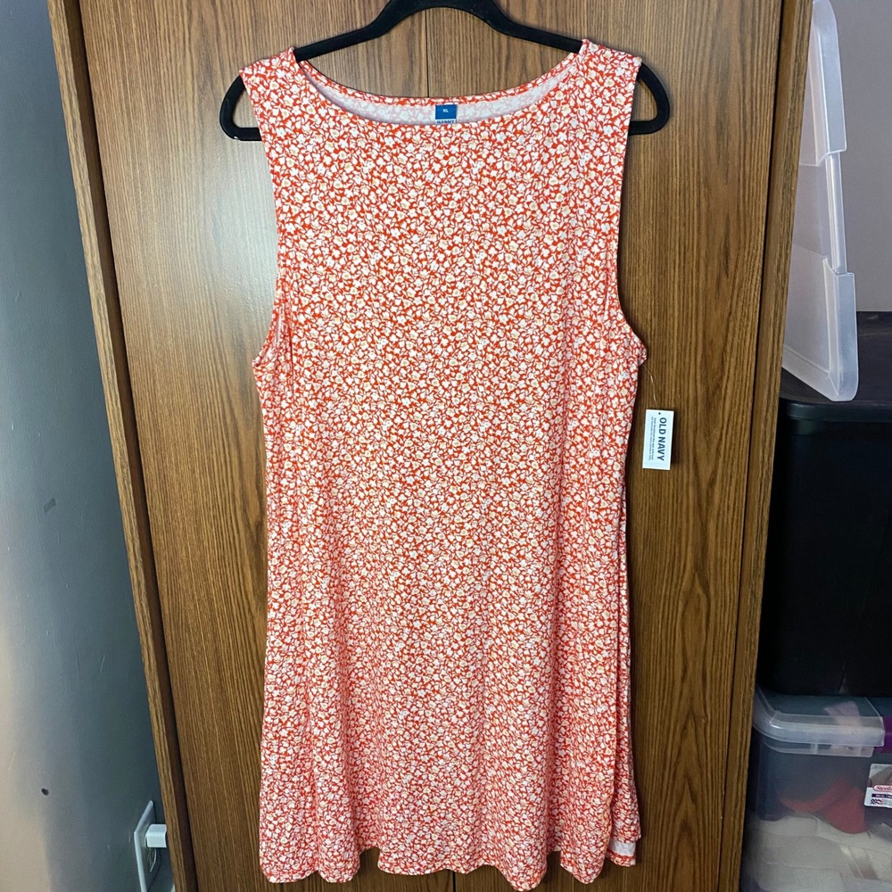 Old Navy Dress Women XL Orange Floral Sleeveless Swing Mini Jersey Knit NWT